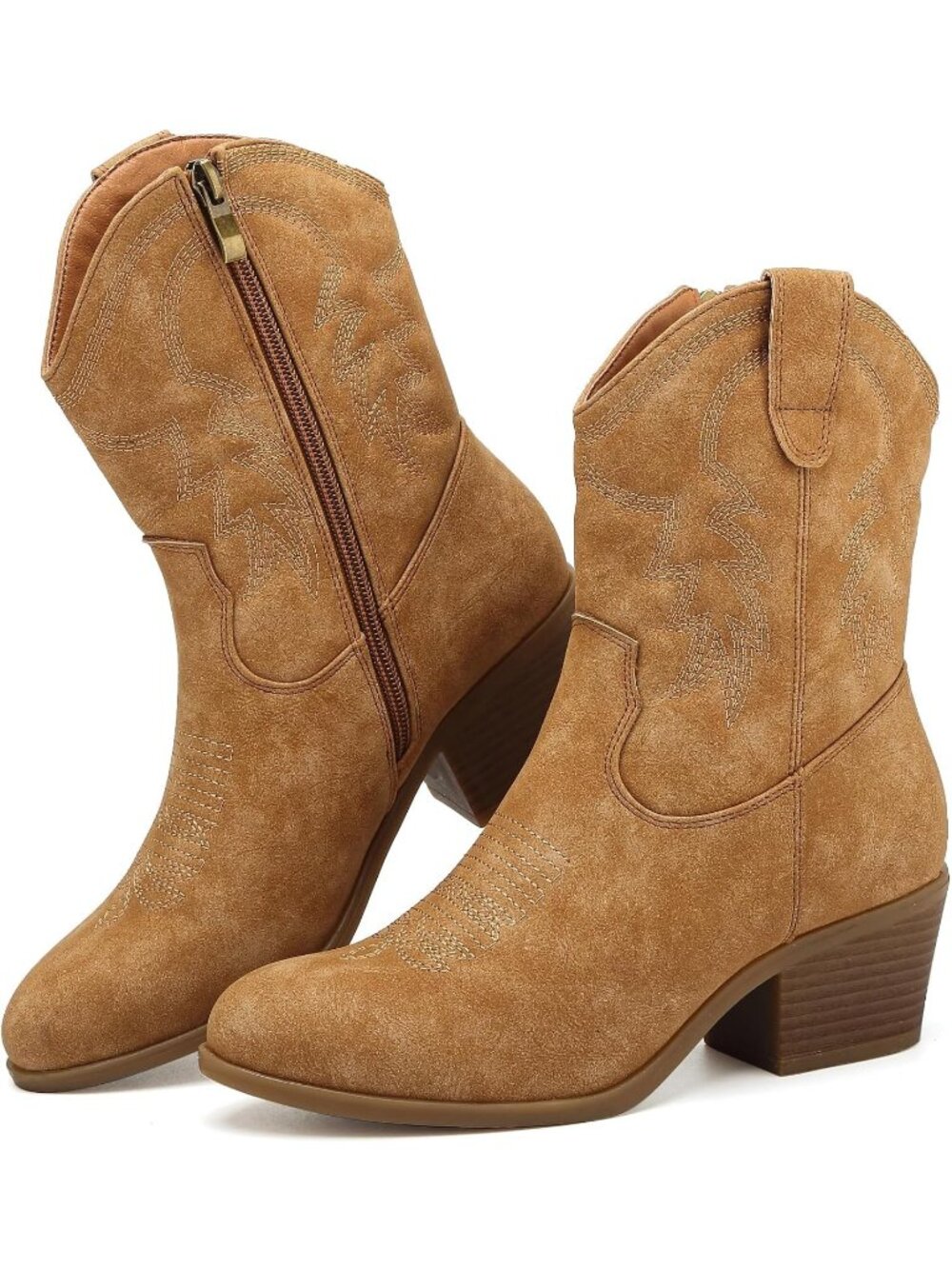 Women’s Tan Cowboy Boots Western Stitching Side Zip Block Heel Boots